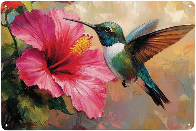 Cafemira Bird &Hibiscus flower Metal tin sign,home Art Decor poster,Wall Decoration Tinplate plaque,for living room,cafe,Bedroom,Garden,Yard,Patio,8x12 Inch,gift for friend family,easy to hang