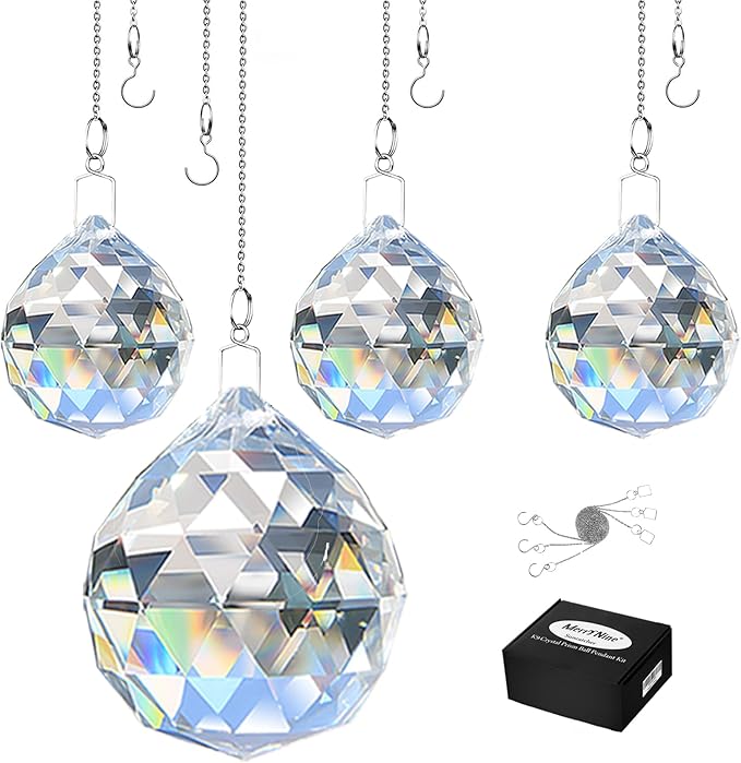 MerryNine 4 Pcs Clear Crystal Ball Prism Sun Shine Catcher Rainbow Pendants Maker, Hanging Crystals Prisms for Windows, for Feng Shui, for Gift (30mm/50mm- 4pcs)