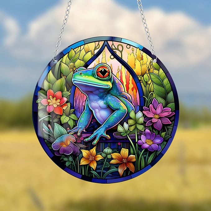 Stained Glass Window Hanging, Green Frog Flower Sun Catchers Colorful Glass Panel Cute Suncatcher Decor for Birthday for Women, Men, Wife, Aunt, and Mom 5.9x5.9 in