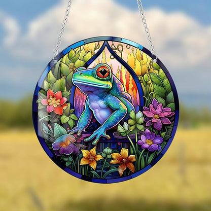Stained Glass Window Hanging, Green Frog Flower Sun Catchers Colorful Glass Panel Cute Suncatcher Decor for Birthday for Women, Men, Wife, Aunt, and Mom 5.9x5.9 in
