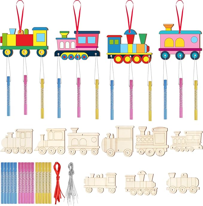 9Pack DIY Wind Chime Kit for Kids, Train Theme Wooden Arts and Painting Crafts Hanging Ornaments for Indoor Outdoor Activity Home Garden Patio School Classroom Christmas Xmas Birthday Gift
