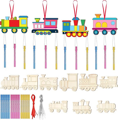 9Pack DIY Wind Chime Kit for Kids, Train Theme Wooden Arts and Painting Crafts Hanging Ornaments for Indoor Outdoor Activity Home Garden Patio School Classroom Christmas Xmas Birthday Gift