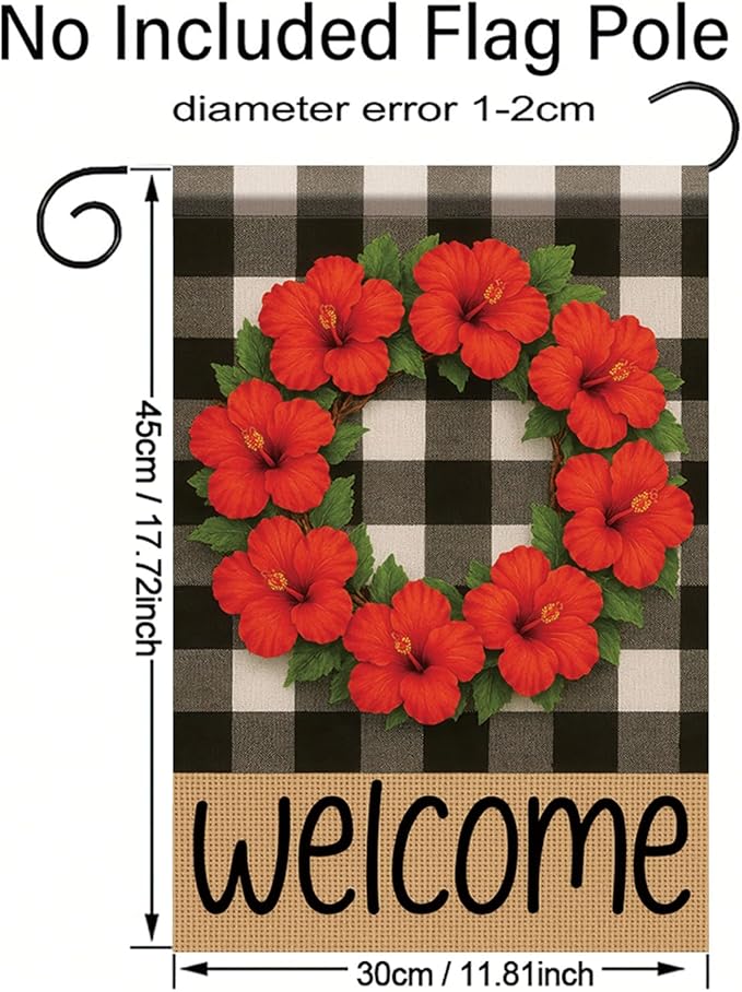 Buffalo Plaid Welcome Wreath Garden Flag Red Hibiscus Flower Red Floral Flag 12x18 Double Sided Tropical Floral Yard Decor for Spring Summer Outdoor Porch Patio Lawn Farmhouse