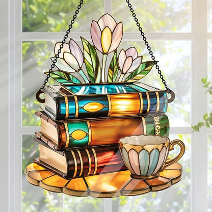 Jesuspirit - Window Hanging Suncatcher – Crystal Clear Acrylic & Wood Sun Catcher for Home Decor, for Women (Tea Cup and Library, 6 Inches)