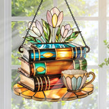 Jesuspirit - Window Hanging Suncatcher – Crystal Clear Acrylic & Wood Sun Catcher for Home Decor, for Women (Tea Cup and Library, 8 Inches)