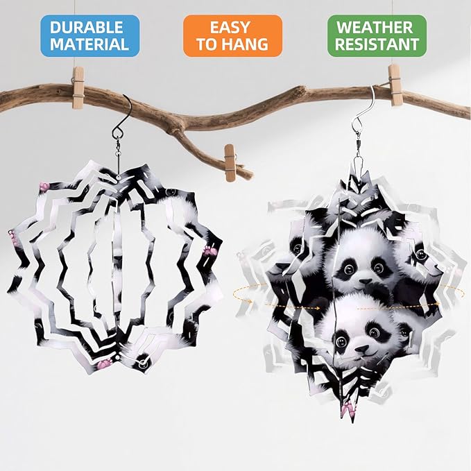 8 Inch Sublimation Wind Spinner, 3D Aluminum Metal Wind Spinner with Hook, Indoor Yard Garden Hanging Decoration, Weather Resistant Rotating Spiral Ornament, Cute Panda Group