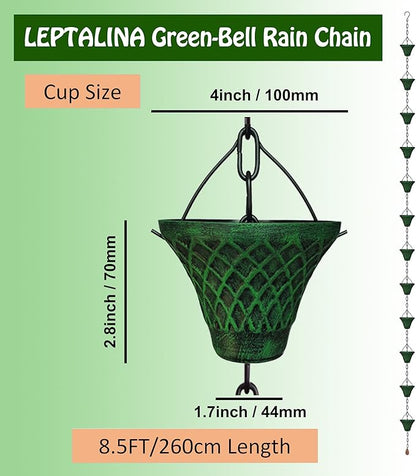 8.5FT Bell Iron Rain Chains for Gutter and Rain Barrel, Rust-Resistant Plated Garden Décor for Downspout, Bonus Rain Chain Gutter Adapter (Antique-Green)