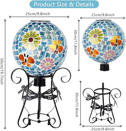 Stargarden Solar Gazing Ball, 10”Glass Gazing Globe, Mosaic Gazing Balls with Metal Ball Stand for Patio, Lawn, Garden Decor