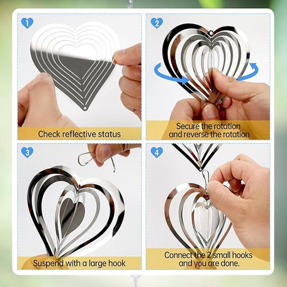 Stainless Steel Wind Spinner,3D Silver Indoor Outdoor Garden Decoration Crafts Ornaments,Metal Wind Chimes for Outside Decor,Decorations to Scare Away Yard Birds (Heart-Wind Sculpture)