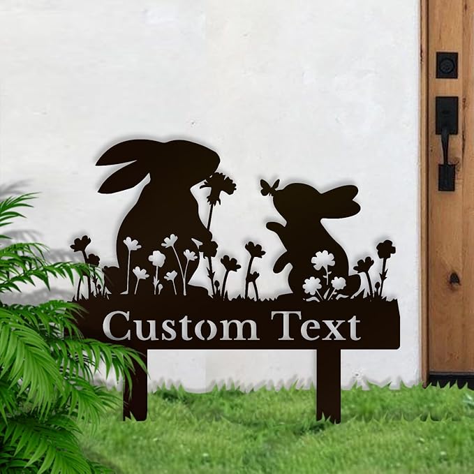 Personalized Metal Custom Garden Sculptures Statues, Yard Art,Shed, Flowerbed Decoration, Outdoor Decor, Animal Stake Pack, Cat Kitty Rabbit Bunny Dog Puppy Flower Metal Signs (Rabbit A)