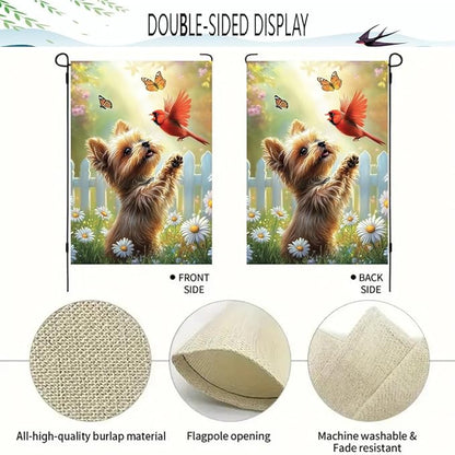 Spring Summer Garden Flags for Outside 12x18 Double Sided, Small Burlap Yorkie Dog Cardinal Floral Garden Flag Spring Summer Outdoor Yard Decorations