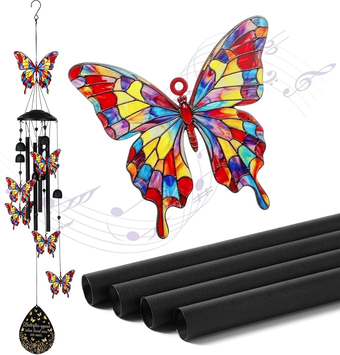 Hicarer Butterfly Wind Chimes for Outside 35" Black Metal Wind Chime Soothing Tones Memorial Windchimes Decor Butterfly Gifts for Women Men Outdoor Garden Yard Patio Decor Memorial Birthday Gifts