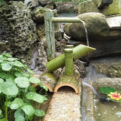 Natural Bamboo Solar Water Fountain, Outdoor Decorative Garden Waterfall Feature with Solar Panel,Bamboo Fountain Japanese Nozzle100% Handmade