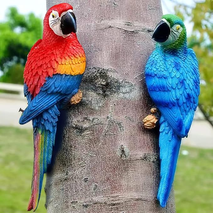 2 Pieces Fake Parrot Decor Artificial Parrot Decoration 12.5" Lifelike Large Resin Parrots Statue Tiki Bar Decorations Macaw Realistic Tropical Bird for Garden Patio Yard Lawn Tropical Tree Wall