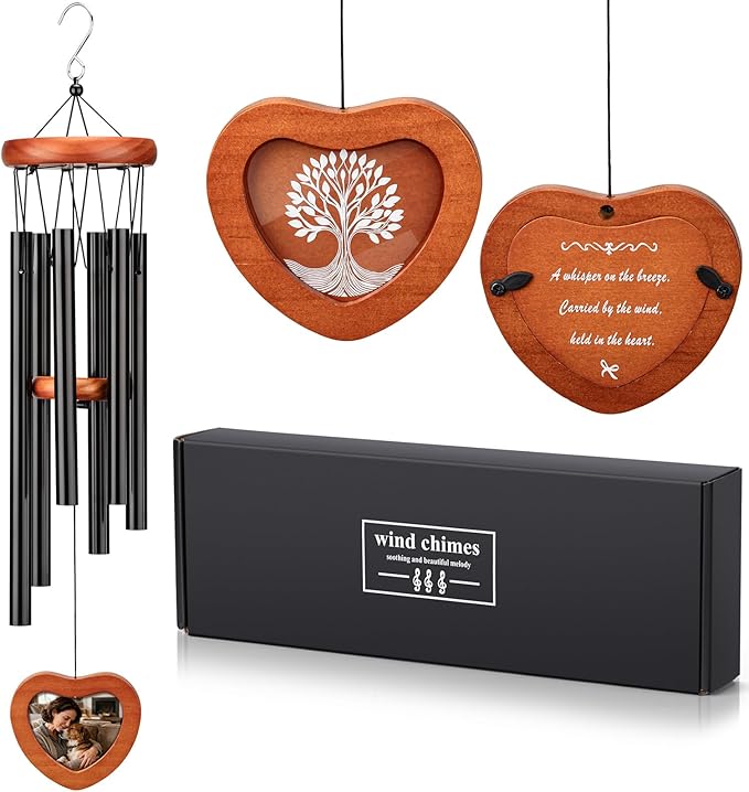 26'' Personalized Wind Chimes with Heart-Shaped Photo Frame - Deep Tone Memorial Wind Chimes for Outside Unique, Sympathy Chime for Loss of Loved One or Pet, Outdoor & Indoor Metal Chime - Black