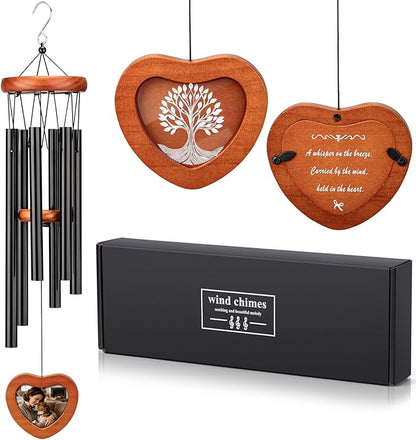26'' Personalized Wind Chimes with Heart-Shaped Photo Frame - Deep Tone Memorial Wind Chimes for Outside Unique, Sympathy Chime for Loss of Loved One or Pet, Outdoor & Indoor Metal Chime - Black