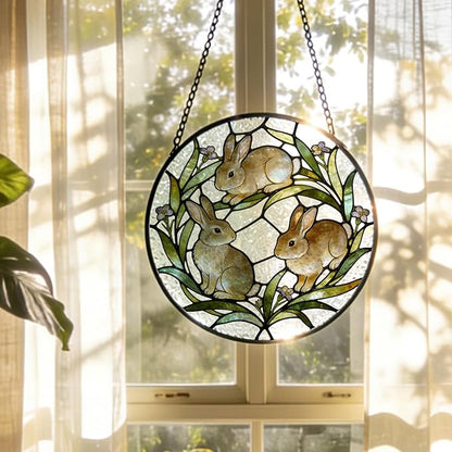 Easter Bunny Flower Wreath Stained Glass Window Hanging, Easter Three Rabbits Botanical Suncatcher Indoor Window Glass Round Wall Art Decor, 7.9x7.9 Inch