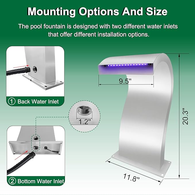 LONGRUN S-Shaped Waterfall Spillway Stainless Steel Swimming Pool Fountain with Color Changing LED Light, Outdoor Pond Waterfalls Kit for Garden Patio Swimming Pool Koi Ponds Decoration -20.2" Height