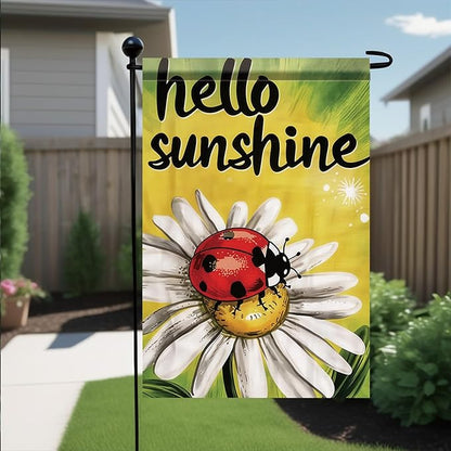 Spring Summer Garden Flag 12x18 Inch Hello Sunshine Ladybug Daisy Floral Art Design Outdoor Yard Porch Lawn Garden for Seasonal Farmhouse Country Home Decor