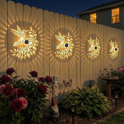 2 Pack Solar Fence Lights Outdoor Wall Lights Metal Solar Powered Deck Step Stair Lights Hummingbird Theme Waterproof Fence Solar Light for Garden Post Patio Yard Decor, Gardening Gifts for Women Mom