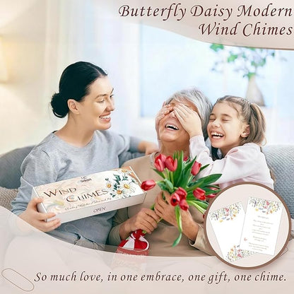 Modern Wind Chimes for Outside, 32" Daisy Print Wind Chime with Butterfly Pendant for Birthday, Mother's Day, Unique Gifts for Women, Garden Yard Patio Porch Home Hanging Decor(Silvershine)