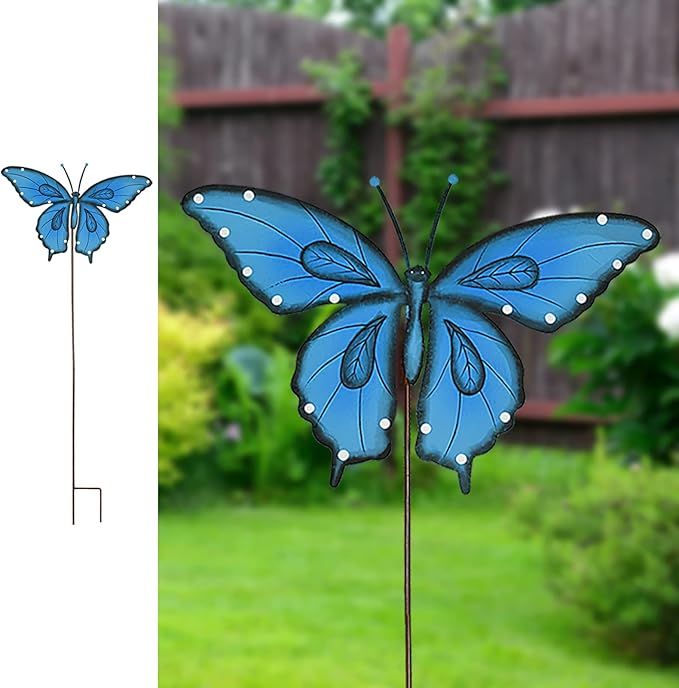 Metal Garden Stakes Spring Yard Sign Decorative Plant Stake Lawn Art Patio Decor Pathway Ornaments Indoor Outdoor Decoration (Blue Butterfly)