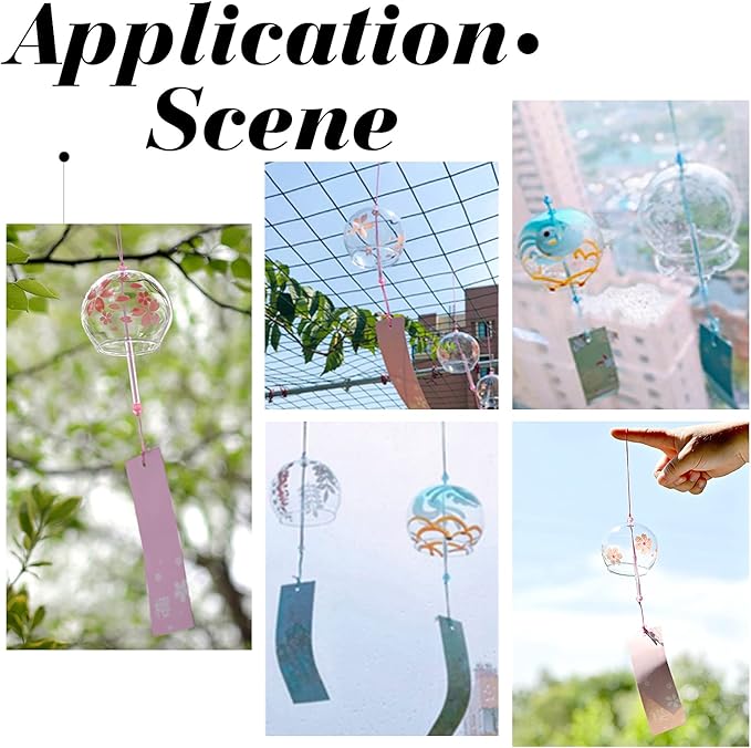 BENECREAT 3PCS Japanese Wind Chimes Pink Cherry/Red/Blue Glass Wind Bells Handmade Pendants for Birthday Gift, Home Wedding Party Decorations