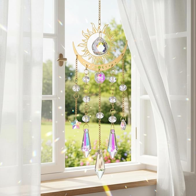 Crystal Prism Sun Catchers Rainbow Maker, Window Prism Rainbow Maker, Sun and Moon Catchers for Indoor Window Hanging, Outdoor Home Garden, Room Decor, Gift for Women