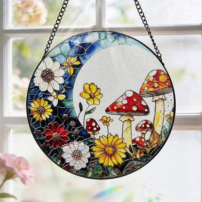 Stained Glass Window Hanging, 8 Inch Mushroom Suncatcher, Sun Catchers Indoor Window, Mushrooms Flowers Suncatchers for Windows Hanging, Spring Home Garden Decor Panel Gifts for Women Mom Grandma