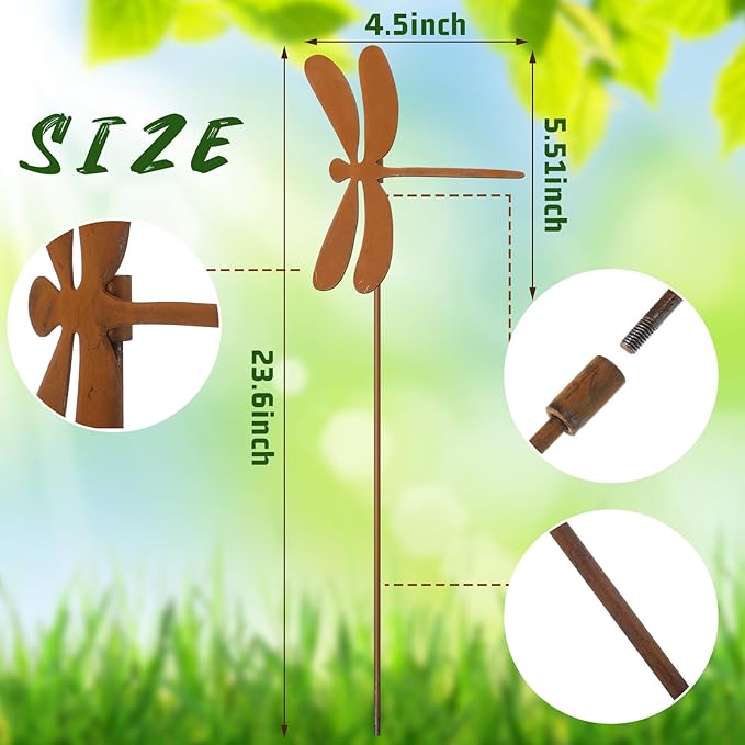 Maxdot 4 Pcs 23.6 Inch Dragonfly Garden Stakes Decor Metal Dragonfly Outdoor Decor Plant Stakes Decorative Outdoor Lawn, Plants Decorative Stake for Lawn Pathway Patio Garden Yard