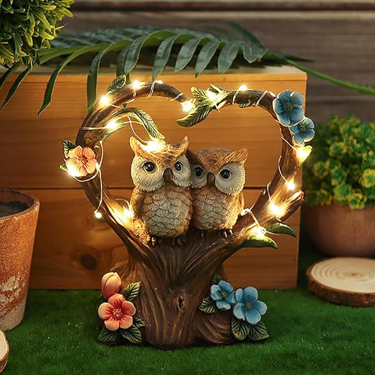 Owl Statue with Solar Lights Outdoor Decor, Resin Owls Figurines for Garden Patio Lawn Decorations, Christmas Birthday Gifts for Women Friends (7.6Inches)