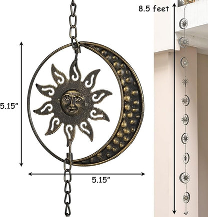 Decorative Sun and Moon Rain Chain, 8.5Ft Metal Rain Chimes for Gutters, Vintage Rotational Sun Rain Chain Downspouts, Functional Replacement Gutter Chains for Outside, Garden Rain Catcher Chain
