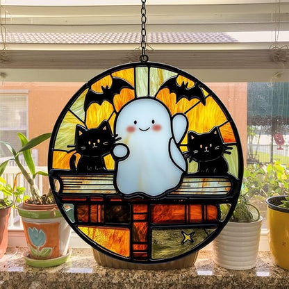 Funny Halloween Ghosts and Books Acrylic Suncatcher Stained Glass Effect Window Car Hanging Christmas Ornament Indoor Outdoor Decor Garden Sun Catcher Panel for Book Lover for Women Mom Grandma