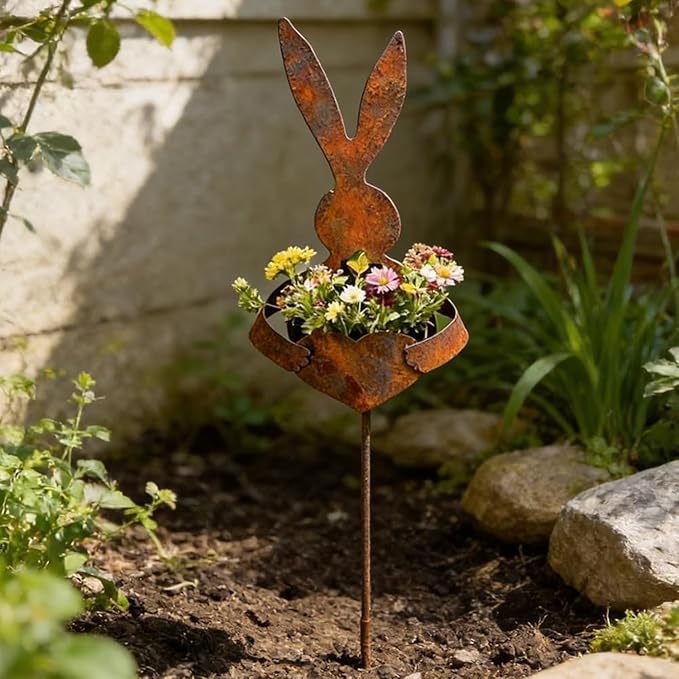 Vintage Metal Rabbit Shaped Planter Garden Stake, Rustic Patina Finish Bunny Decor for Outdoor Garden Yard, Decorative Stake for Small Flowers Succulents Spring Displays