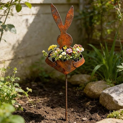 Vintage Metal Rabbit Shaped Planter Garden Stake, Rustic Patina Finish Bunny Decor for Outdoor Garden Yard, Decorative Stake for Small Flowers Succulents Spring Displays