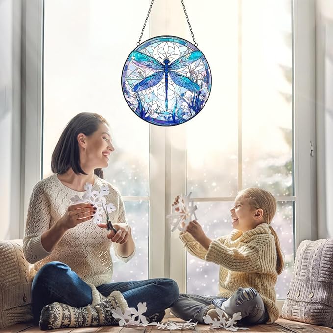 Dragonfly Suncatcher Stained Glass Window Hanging - 8” Handmade Suncatchers for Windows Door Home Garden Decor - Sun Catchers Indoor Wall Art Glass Panel Ornaments - Mothers Day Grandma Gifts for Mom