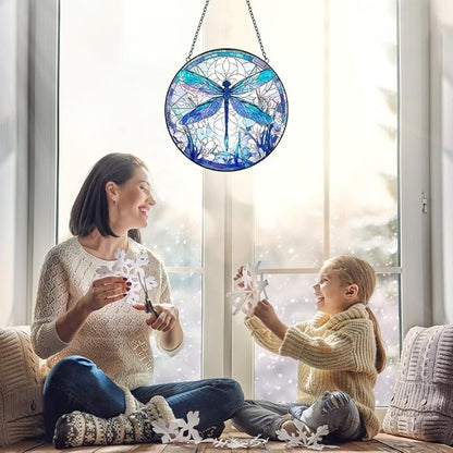Dragonfly Suncatcher Stained Glass Window Hanging - 8” Handmade Suncatchers for Windows Door Home Garden Decor - Sun Catchers Indoor Wall Art Glass Panel Ornaments - Mothers Day Grandma Gifts for Mom
