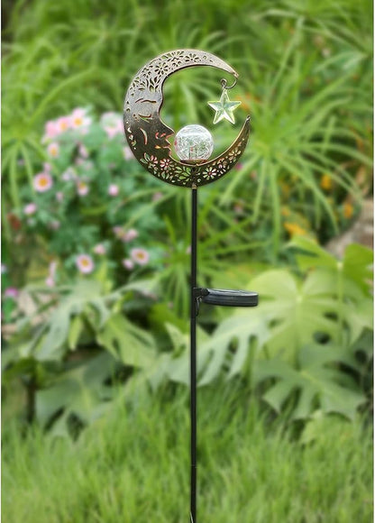 Hapjoy Solar Lights Outdoor Decor Moon Lantern for Patio,Lawn or Pathway Moon Decorations Crackle Glass Globe Stake Metal Lights Waterproof Warm LED Garden Gifts (Bronze)
