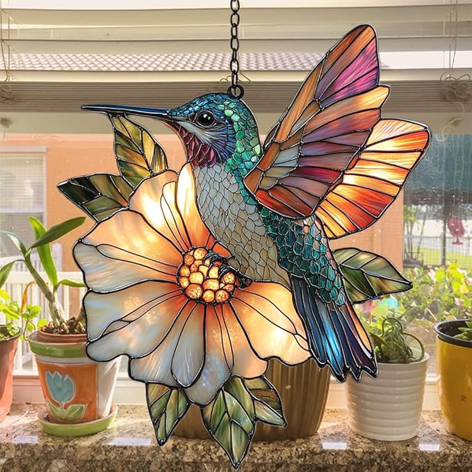 Hummingbird Mosaic Style Acrylic Suncatcher Stained Glass Effect Window Car Hanging Christmas Ornament Indoor Outdoor Decor Garden Sun Catcher Panel for Hummingbird Lover for Women Mom Grandma
