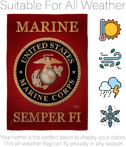 Marine Corps Burlap Garden Flag - Set with Stand Armed Forces USMC Semper Fi United State American Military Veteran Retire Official - House Banner Small Yard Gift Double-Sided Made In USA , Garden Flag 13"x 18.5"