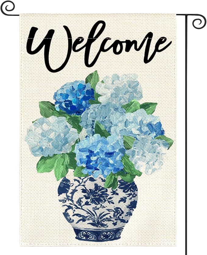 AVOIN colorlife Spring Hydrangea Floral Welcome Garden Flag 12x18 Inch Double Sided Outside, Blue and White Chinoiserie Seasonal Yard Outdoor Flag