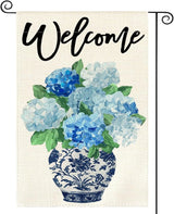 AVOIN colorlife Spring Hydrangea Floral Welcome Garden Flag 12x18 Inch Double Sided Outside, Blue and White Chinoiserie Seasonal Yard Outdoor Flag