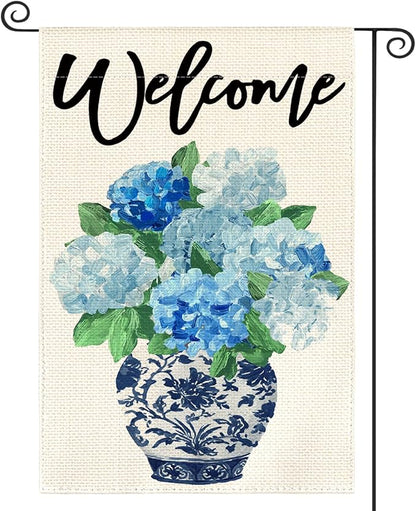 AVOIN colorlife Spring Hydrangea Floral Welcome Garden Flag 12x18 Inch Double Sided Outside, Blue and White Chinoiserie Seasonal Yard Outdoor Flag