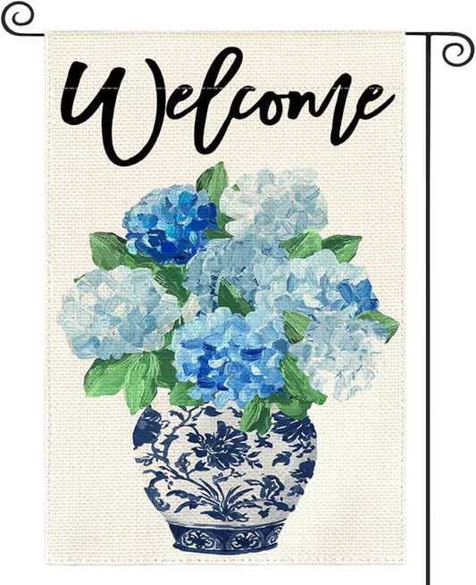 AVOIN colorlife Spring Hydrangea Floral Welcome Garden Flag 12x18 Inch Double Sided Outside, Blue and White Chinoiserie Seasonal Yard Outdoor Flag
