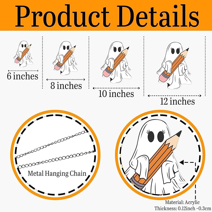 7.87Inch Cute Pencil Ghost Sun Catcher Acrylic Garden Halloween Suncatcher Decor Window Hanging for Wall Home, Garden, Housewarming Women Neighbor Party Decor Gifts