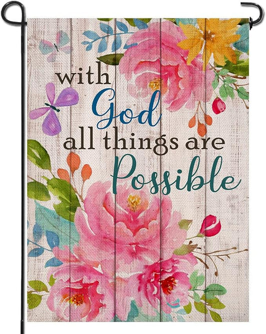 Artofy with God all Things are Possible Christian Home Decorative Garden Flag, Spring Summer Religious House Yard Outdoor Peony Flower, Inspirational Butterfly Outside Farmhouse Small Decor 12 x 18