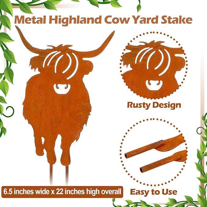 Therwen Metal Highland Cow Yard Stake 22" H Rusty Highland Cow Metal Garden Stakes for Lawn Garden Yard Patio Outdoor Decor Decorative Gifts for Women Men
