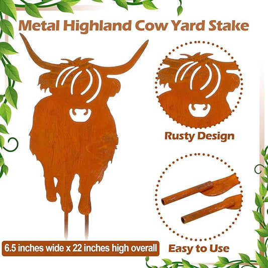 Therwen Metal Highland Cow Yard Stake 22" H Rusty Highland Cow Metal Garden Stakes for Lawn Garden Yard Patio Outdoor Decor Decorative Gifts for Women Men