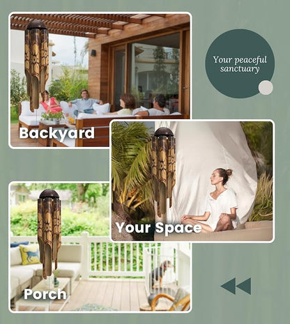 Nalulu Rustic Bamboo Wind Chimes - Outside Outdoor Wooden Windchimes, Large, Floral Burned Design with Coconut Crown, Handcrafted with Calming Deep Tones, Home Decor, Ideal Gift for Him & Her