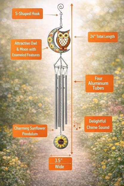 Owl Wind Chimes Set of 2 with Sunflower Welcome Medallion – Enameled Owl Hanging Décor with Stars, Leaves & Moon – Outdoor Garden Patio Porch Decor – 24" Hanging Length Gift for Home